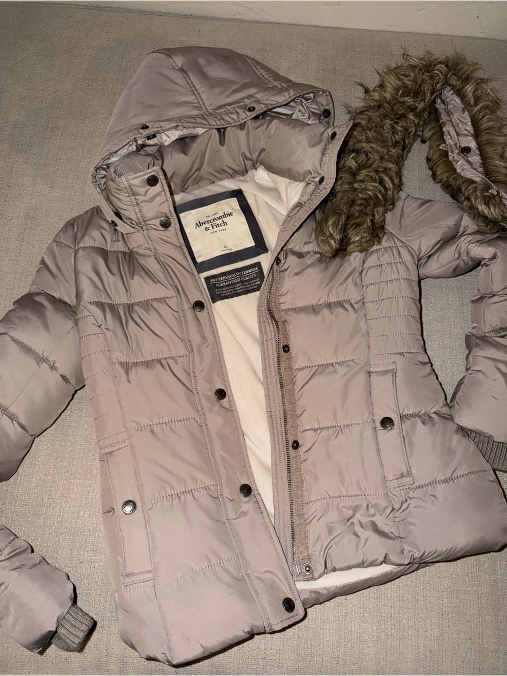 Abercrombie & Fitch Taupe Hooded Puffer Jacket with Faux-Fur Trim